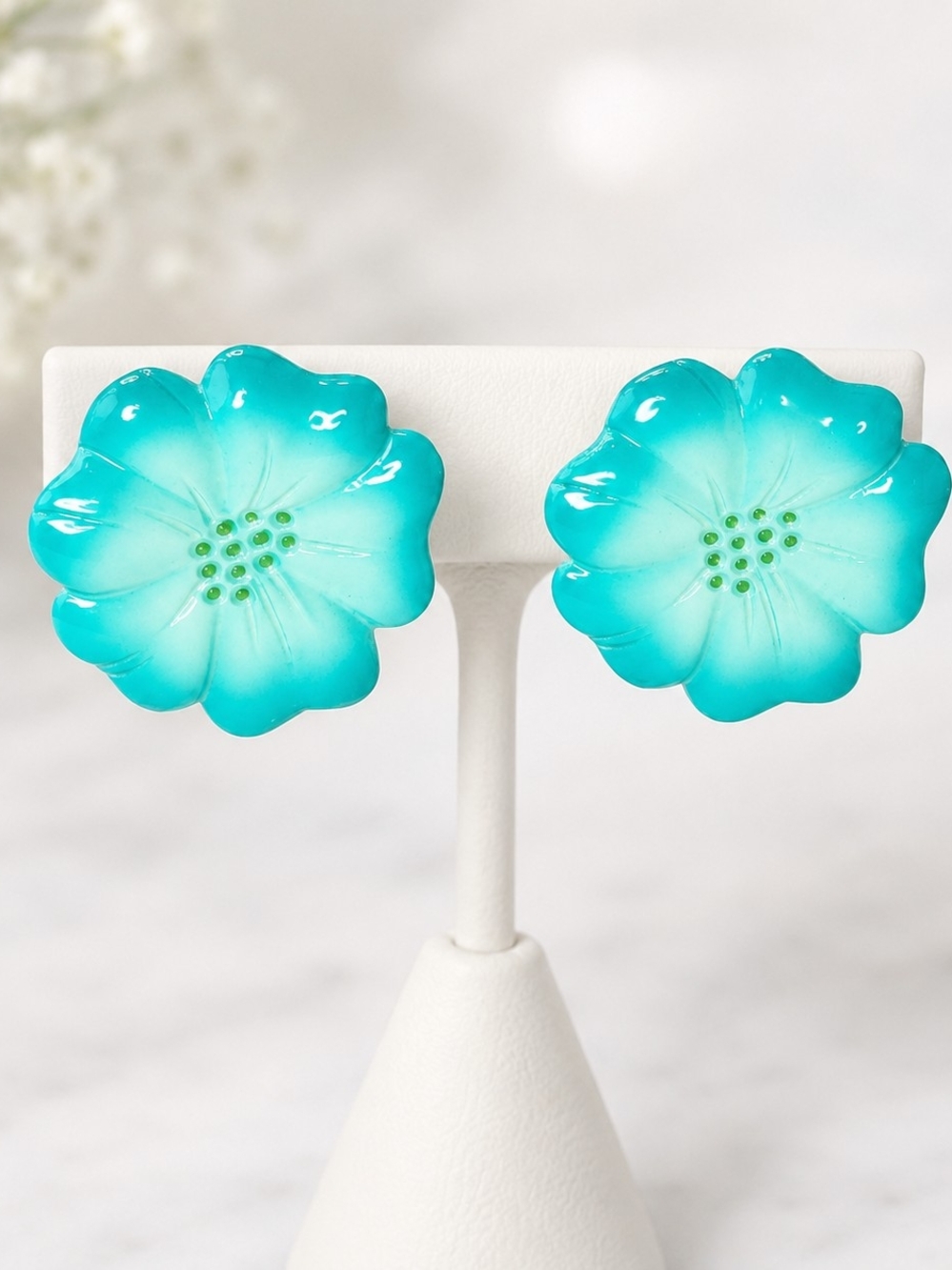 Vintage Turquoise Flower Earrings Acrylic Floral Stud Earrings Tropical Retro